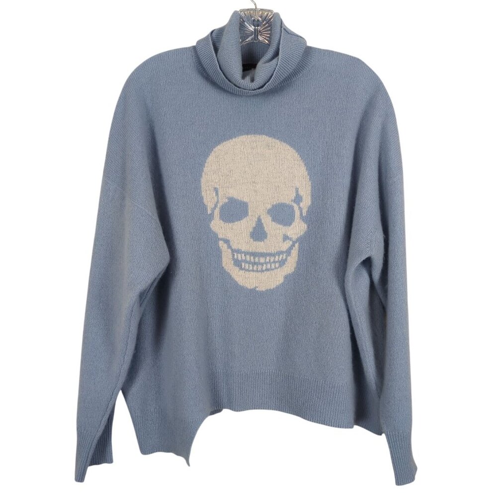 Skull Cashmere Blue White Skull Intarsia Cashmere Sweater Turtleneck Size L